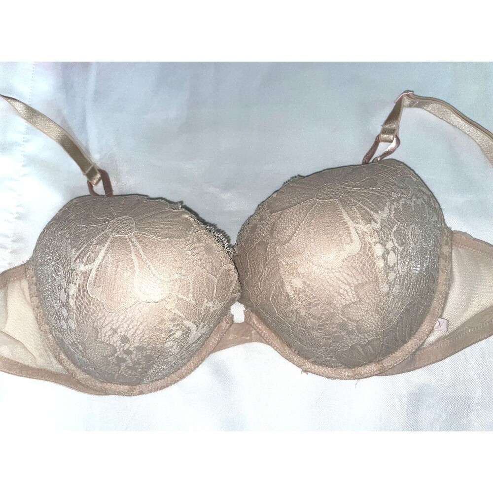 Victoria Secret 36DD BRA lined demi sexy floral lace Dream Angels nude beige